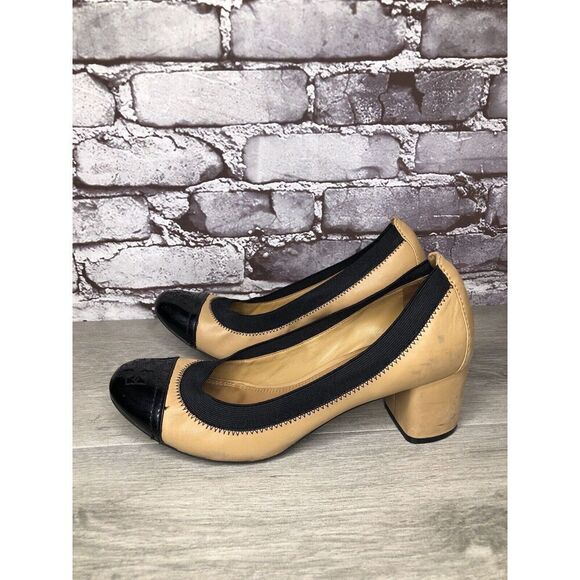 Tory Burch Tan Leather Black Patent Leather Block Heels Women’s Sz 8.5M US/39EU - Picture 16 of 16